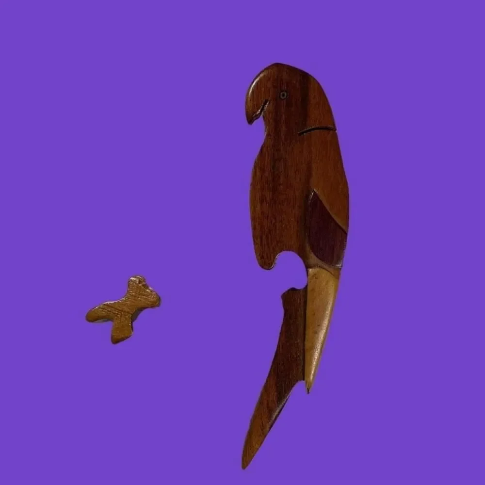 Vintage Wooden Parrot Puzzle Box Bohemian Maximalism